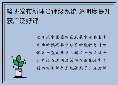篮协发布新球员评级系统 透明度提升获广泛好评