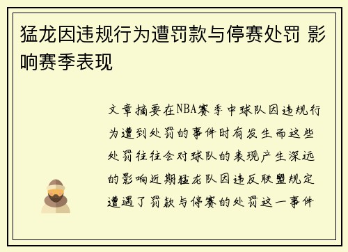 猛龙因违规行为遭罚款与停赛处罚 影响赛季表现