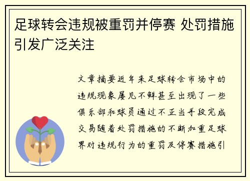 足球转会违规被重罚并停赛 处罚措施引发广泛关注