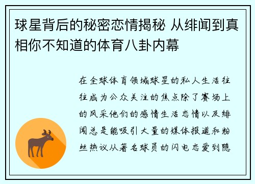 球星背后的秘密恋情揭秘 从绯闻到真相你不知道的体育八卦内幕