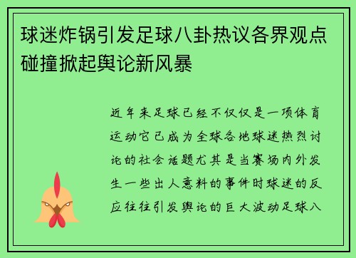 球迷炸锅引发足球八卦热议各界观点碰撞掀起舆论新风暴